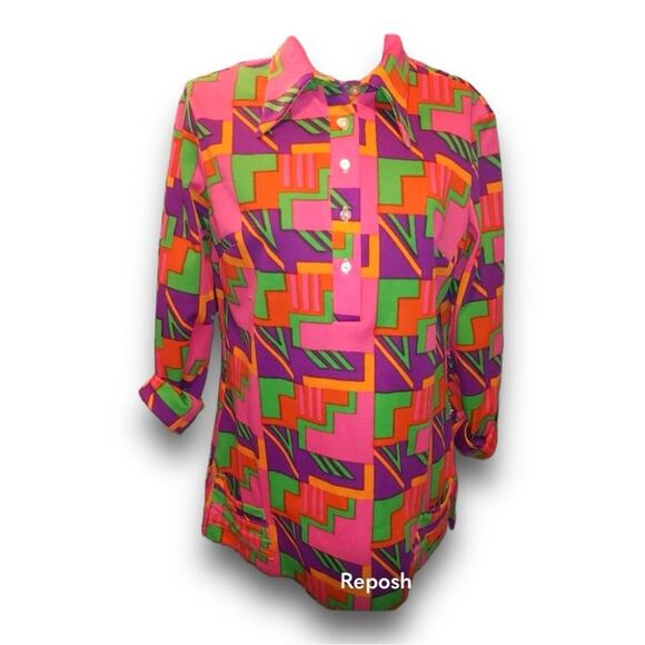 Vintage 70s Disco Shirt in a Bold Print of Pink Purple & Green SZ MED - Picture 8 of 8